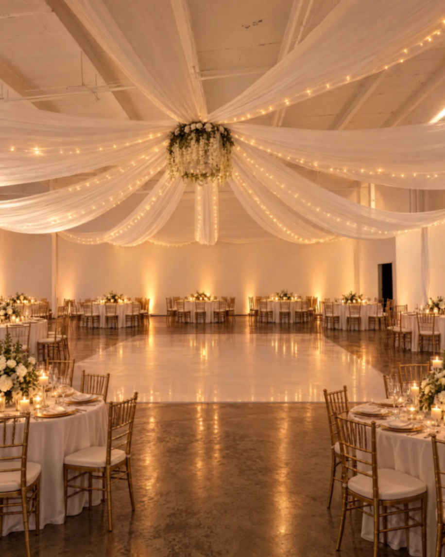 Wedding reception with round tables, warm lighting, and ceiling drapery at The Zion