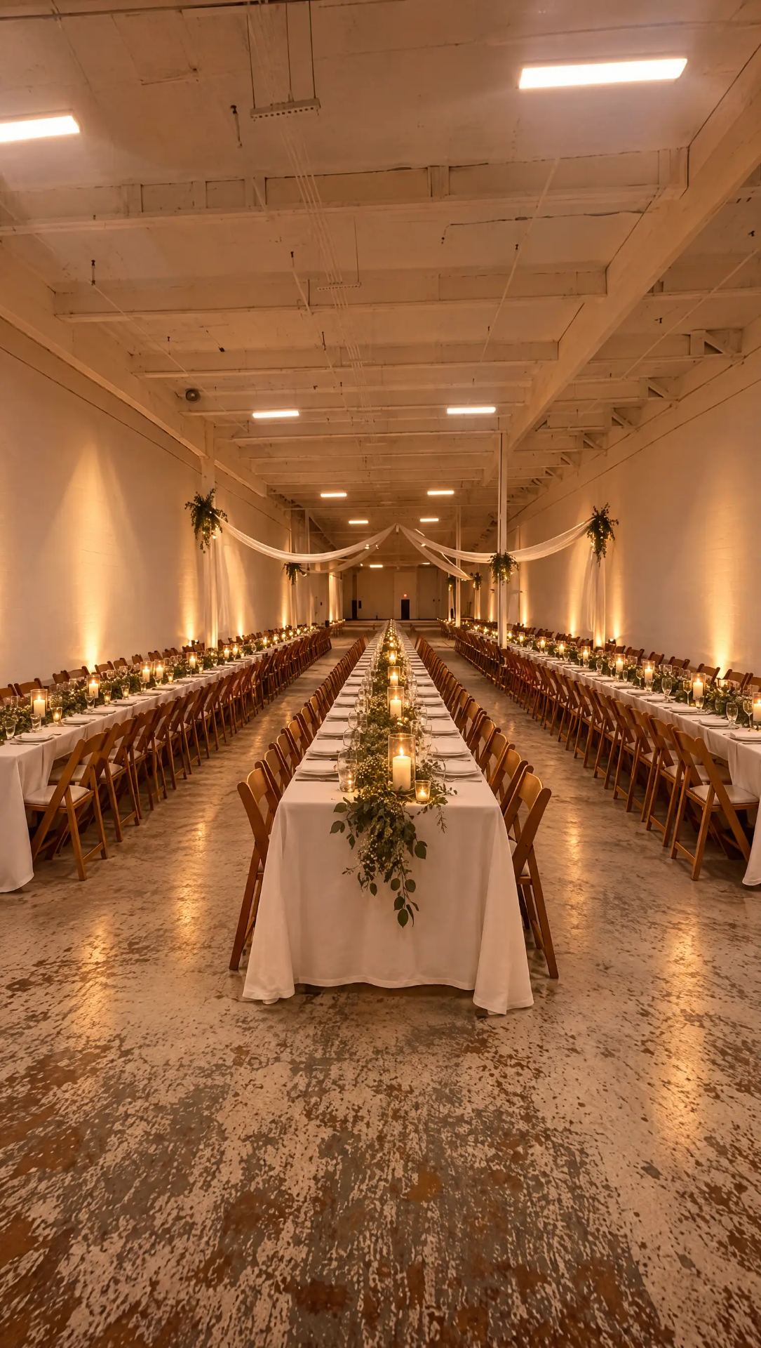 Long candlelit banquet tables arranged through The Zion